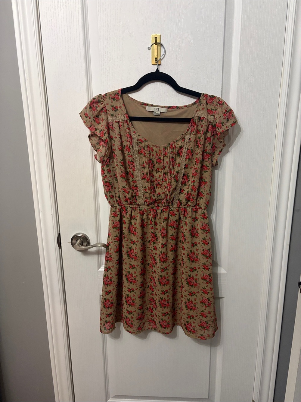 Forever 21 Beige Dress with Red Rose Print